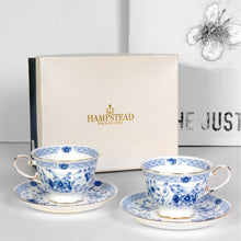 Load image into Gallery viewer, Blue Flower Cup and Saucer Set | Pair

